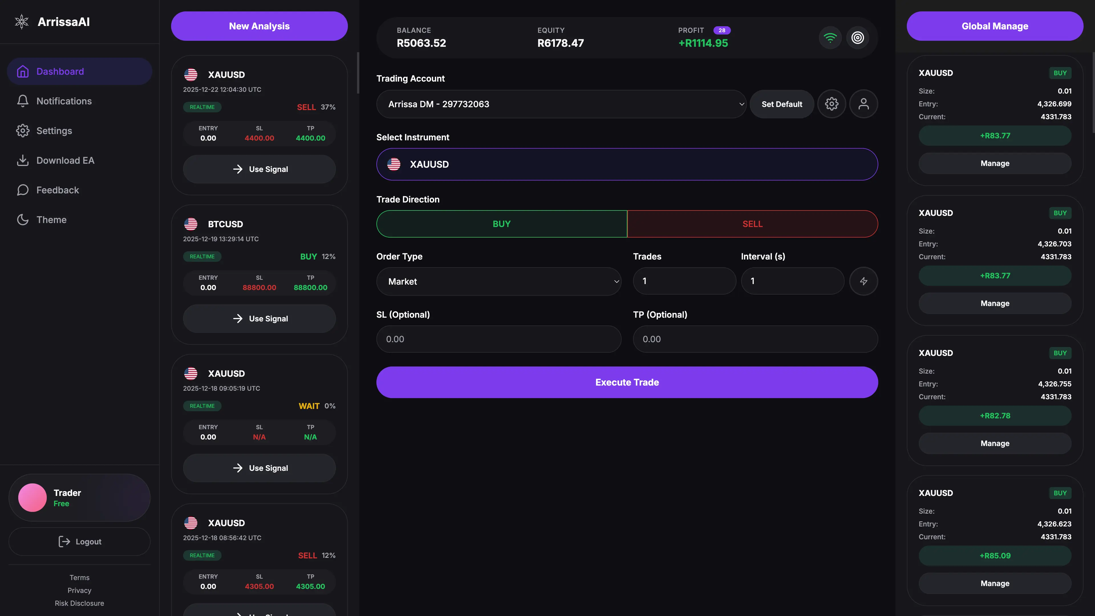 ArrissaAI Trading Dashboard - AI-powered trading signals and portfolio management